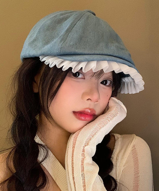 Art Light Blue Lace Ruffled Patchwork Denim Beret Hat WI017 hat-HAT241105