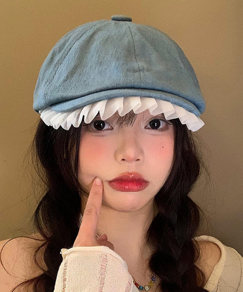 Art Light Blue Lace Ruffled Patchwork Denim Beret Hat WI017 hat-HAT241105