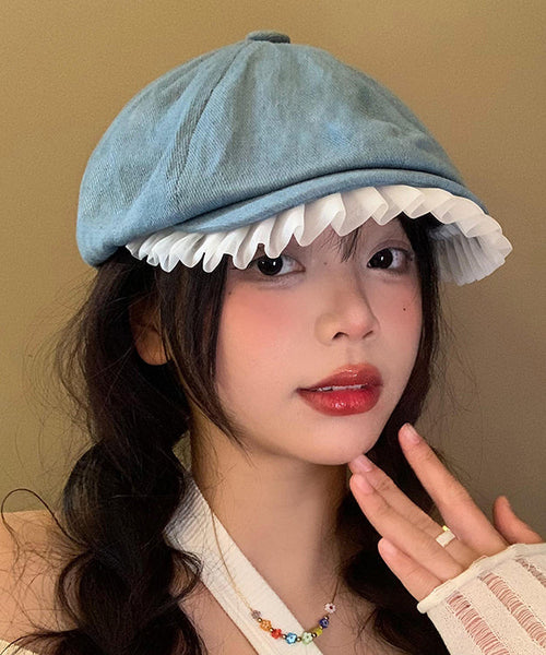 Art Light Blue Lace Ruffled Patchwork Denim Beret Hat WI017 hat-HAT241105