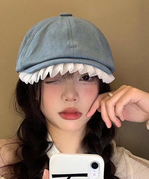 Art Light Blue Lace Ruffled Patchwork Denim Beret Hat WI017 hat-HAT241105
