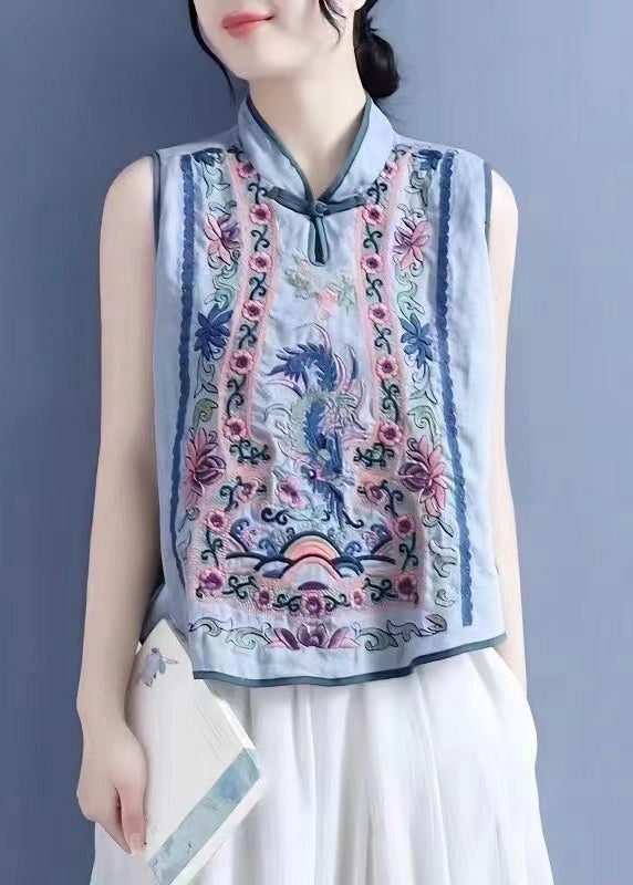 Art Light Blue Stand Collar Embroidered Floral Waistcoat Summer VB1073 Ada Fashion