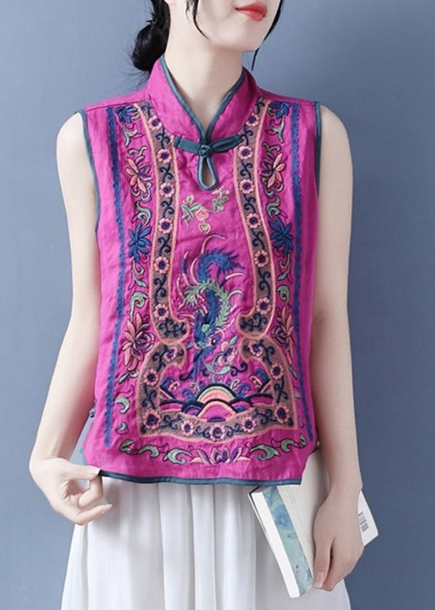 Art Light Blue Stand Collar Embroidered Floral Waistcoat Summer VB1073 Ada Fashion