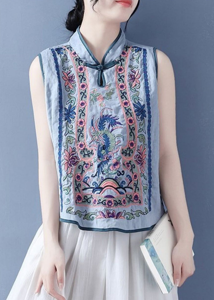 Art Light Blue Stand Collar Embroidered Floral Waistcoat Summer VB1073 Ada Fashion