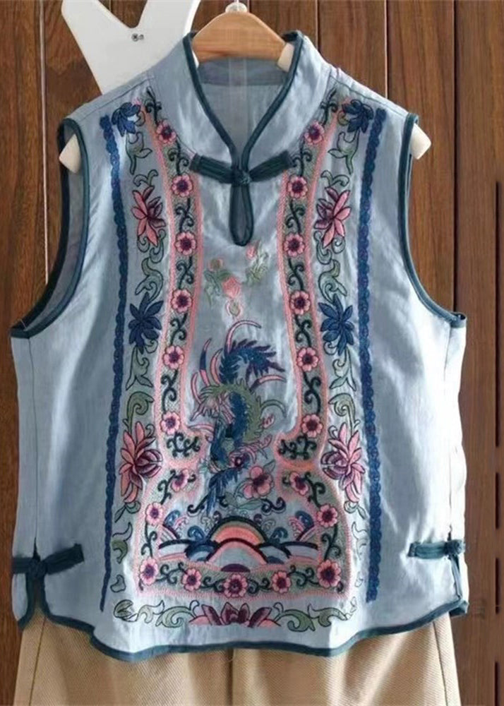 Art Light Blue Stand Collar Embroidered Floral Waistcoat Summer VB1073 Ada Fashion