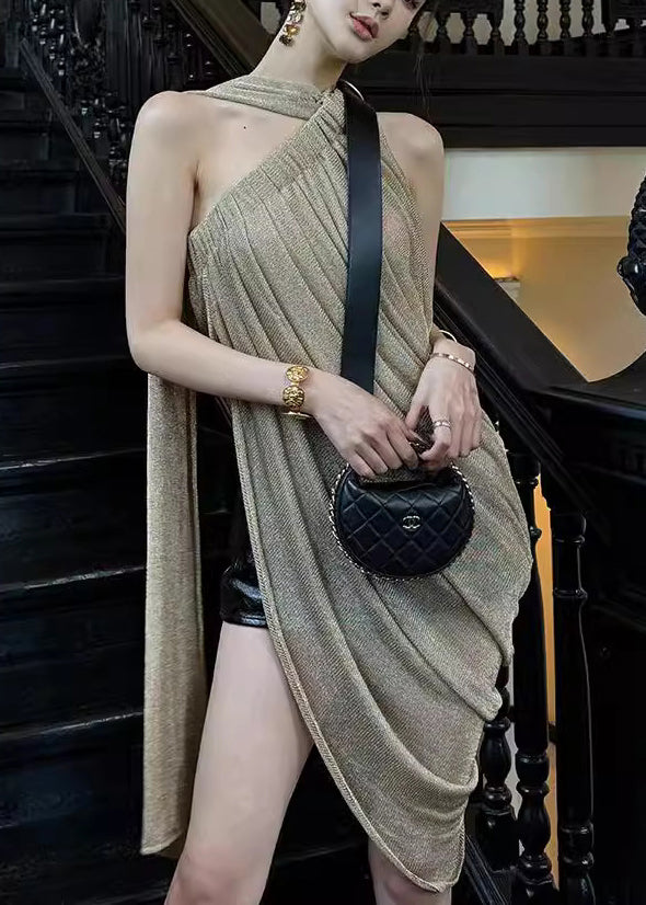 Light Shoulder One Asymmetrical Art Silk Top Green Wrinkled FashionChic