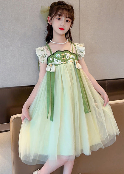 Art Light Green Embroidered Tassel Tulle Kids Maxi Dress Short Sleeve GF005 MM-RCTZ-SDL230724