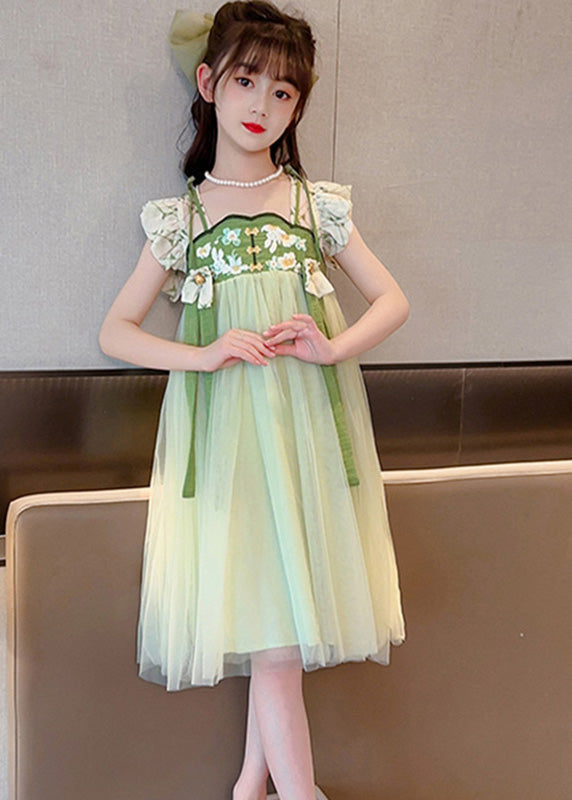 Art Light Green Embroidered Tassel Tulle Kids Maxi Dress Short Sleeve GF005 MM-RCTZ-SDL230724