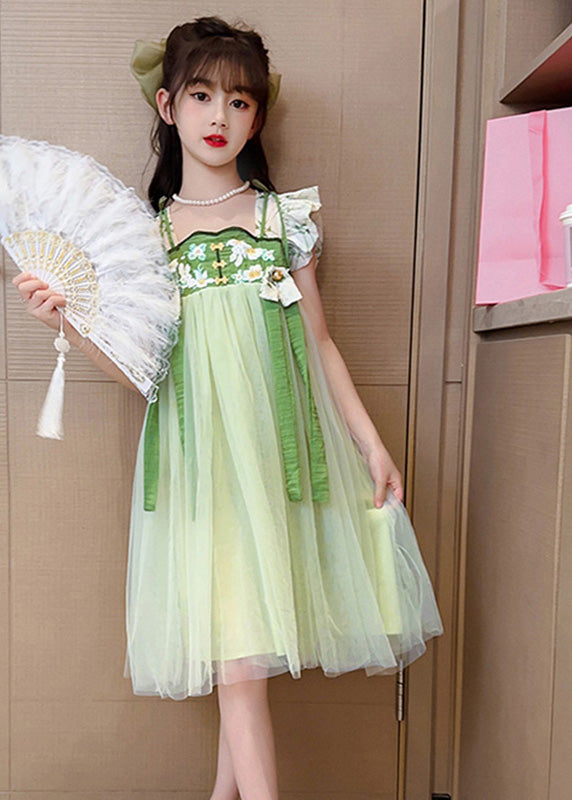 Art Light Green Embroidered Tassel Tulle Kids Maxi Dress Short Sleeve GF005 MM-RCTZ-SDL230724