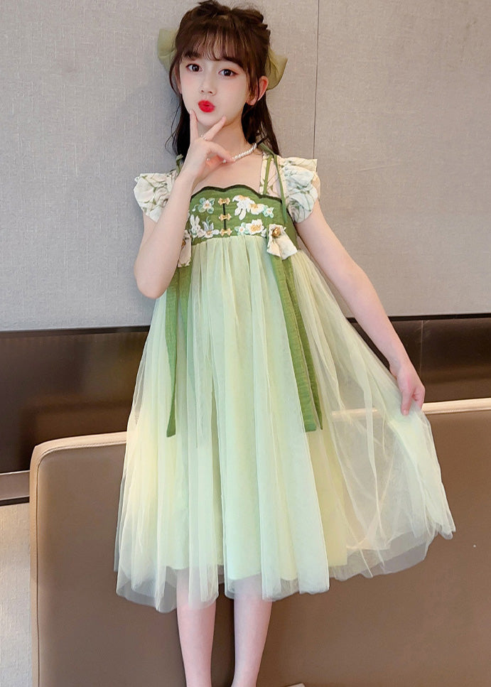 Art Light Green Embroidered Tassel Tulle Kids Maxi Dress Short Sleeve GF005 MM-RCTZ-SDL230724