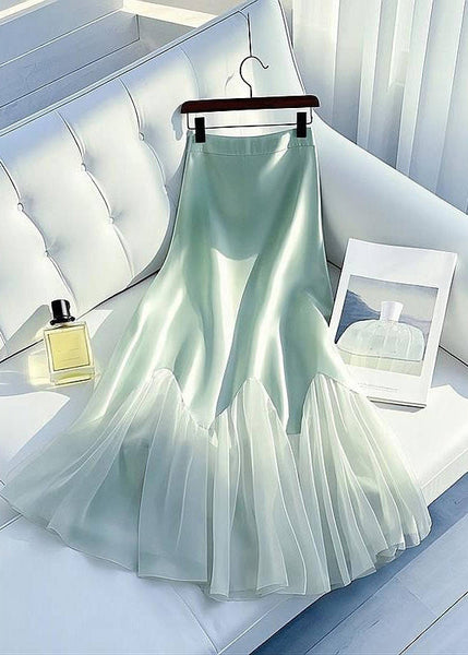Green Summer Tulle Silk High Skirt Waist Light Patchwork Art Maxi FashionChic