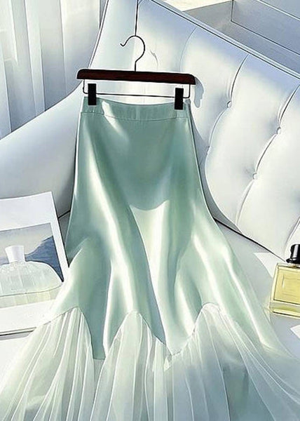 Green Summer Tulle Silk High Skirt Waist Light Patchwork Art Maxi FashionChic