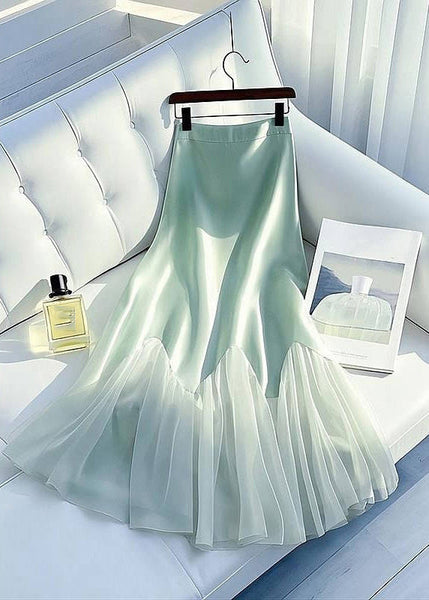Green Summer Tulle Silk High Skirt Waist Light Patchwork Art Maxi FashionChic