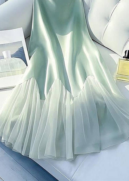 Green Summer Tulle Silk High Skirt Waist Light Patchwork Art Maxi FashionChic
