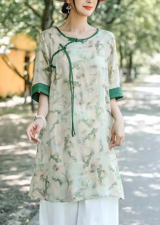 Art Light Green O Neck Button Print Linen Blouse Half Sleeve JH002 MMDM-HTP240717