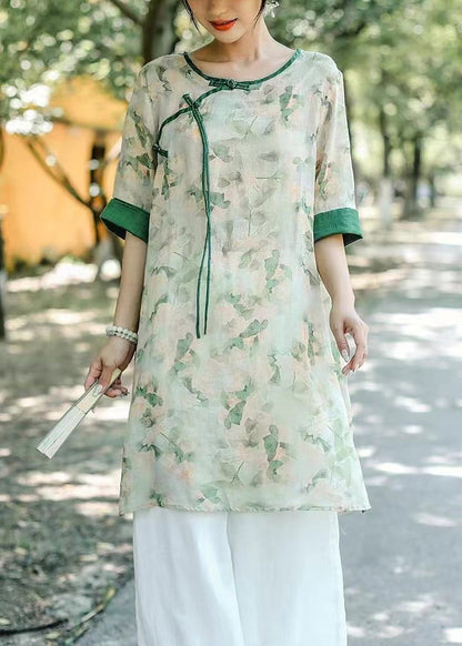 Art Light Green O Neck Button Print Linen Blouse Half Sleeve JH002 MMDM-HTP240717