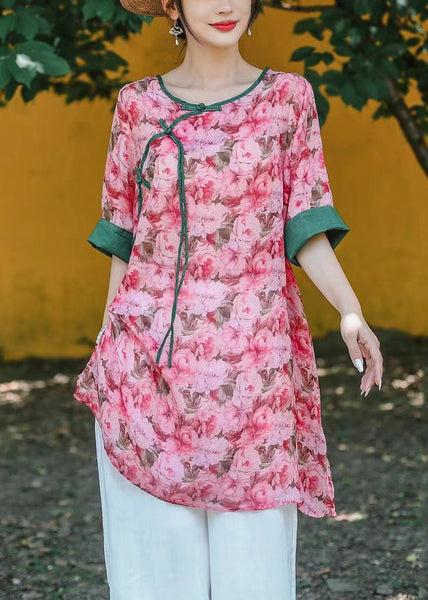 Art Light Green O Neck Button Print Linen Blouse Half Sleeve JH002 MMDM-HTP240717