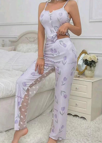 And Light Art Tulle Patchwork Print Purple Trousers Vest FashionChic