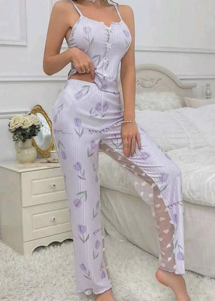 And Light Art Tulle Patchwork Print Purple Trousers Vest FashionChic