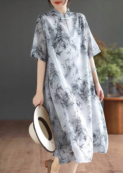 Art Mandarin Collar Bamboo Print Chiffon Dress Summer TM024 ABC