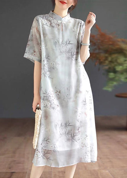 Art Mandarin Collar Bamboo Print Chiffon Dress Summer TM024 ABC