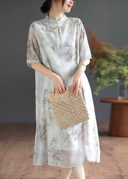 Art Mandarin Collar Bamboo Print Chiffon Dress Summer TM024 ABC