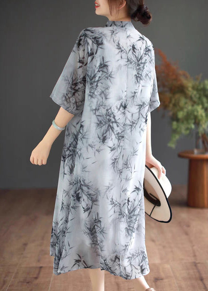 Art Mandarin Collar Bamboo Print Chiffon Dress Summer TM024 ABC