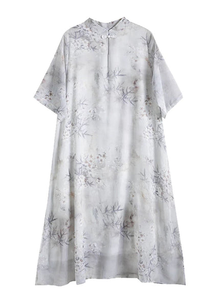 Art Mandarin Collar Bamboo Print Chiffon Dress Summer TM024 ABC
