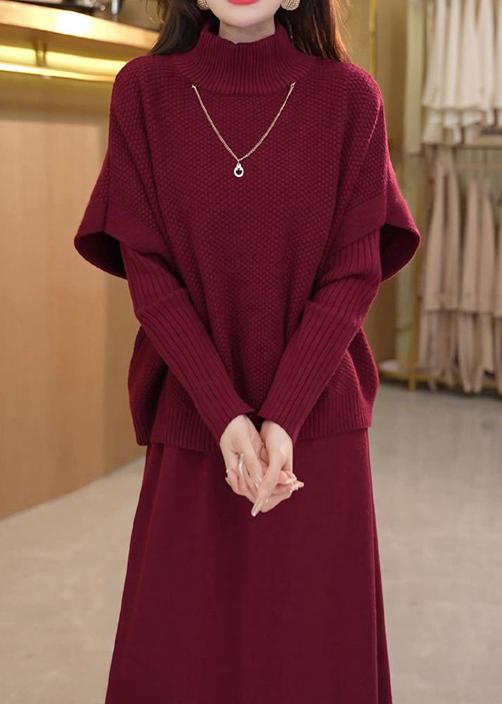 Art Mulberry Turtleneck Cotton Knit Top And Wide Leg Pants Two Piece Set Winter RF044 ABC