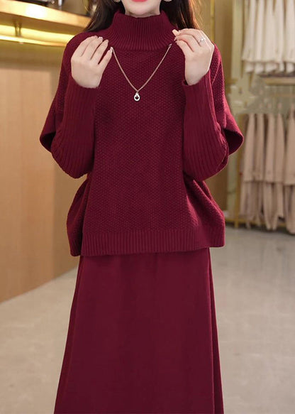 Art Mulberry Turtleneck Cotton Knit Top And Wide Leg Pants Two Piece Set Winter RF044 ABC