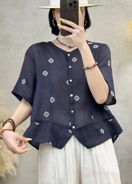 Embroidered Patchwork Summer Shirt Top Navy Linen Art FashionChic