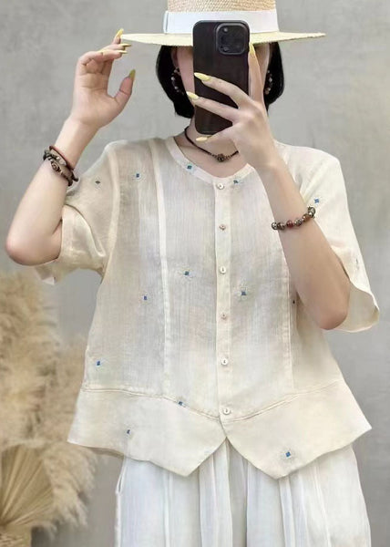 Embroidered Patchwork Summer Shirt Top Navy Linen Art FashionChic