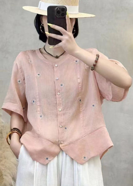 Embroidered Patchwork Summer Shirt Top Navy Linen Art FashionChic