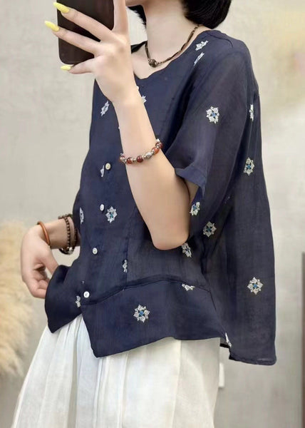 Embroidered Patchwork Summer Shirt Top Navy Linen Art FashionChic