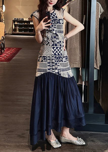 Neck O Navy Dress Long Patchwork Art Hollow Cotton Out Wrinkled FashionChic