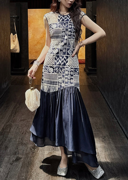 Neck O Navy Dress Long Patchwork Art Hollow Cotton Out Wrinkled FashionChic