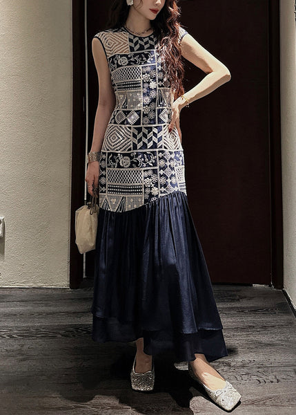 Neck O Navy Dress Long Patchwork Art Hollow Cotton Out Wrinkled FashionChic