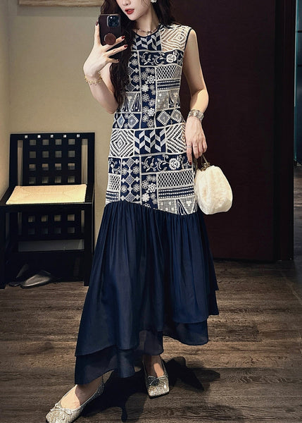 Neck O Navy Dress Long Patchwork Art Hollow Cotton Out Wrinkled FashionChic