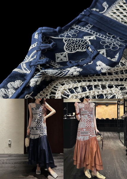 Neck O Navy Dress Long Patchwork Art Hollow Cotton Out Wrinkled FashionChic