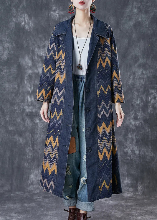 Art Navy Oversized Print Denim Coat Outwear Fall Ada Fashion