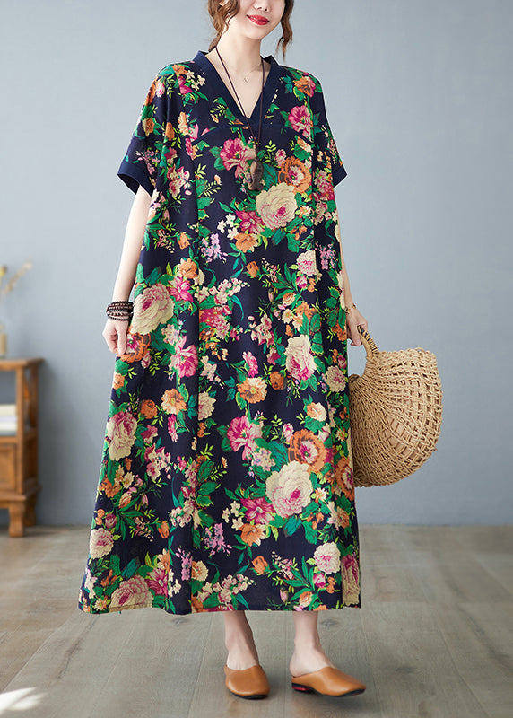 Navy Cotton Summer Art Print Dress Oversized FashionChic