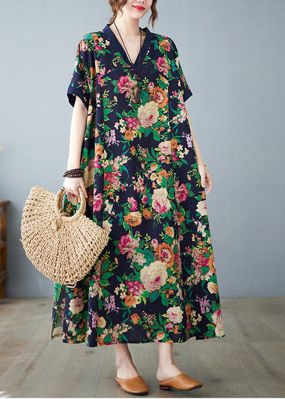 Navy Cotton Summer Art Print Dress Oversized FashionChic