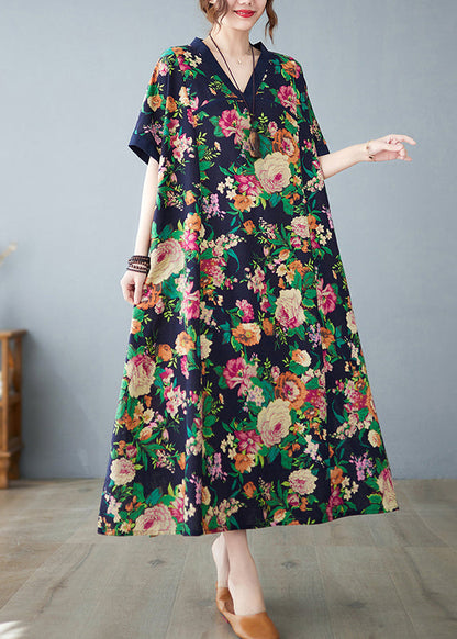 Navy Cotton Summer Art Print Dress Oversized FashionChic