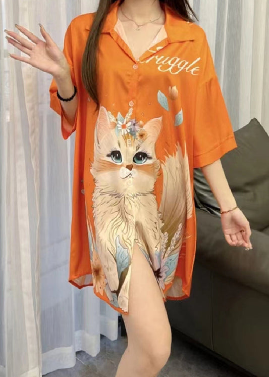 Art Orange Peter Pan Collar Print Ice Silk Pajamas Blouses Dress Spring YK013 ABC