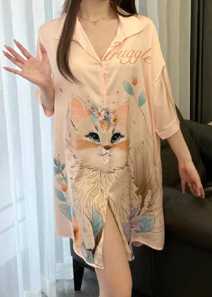 Art Orange Peter Pan Collar Print Ice Silk Pajamas Blouses Dress Spring YK013 ABC