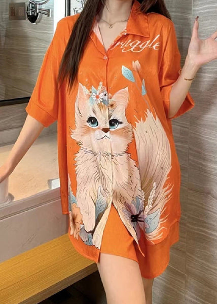 Art Orange Peter Pan Collar Print Ice Silk Pajamas Blouses Dress Spring YK013 ABC