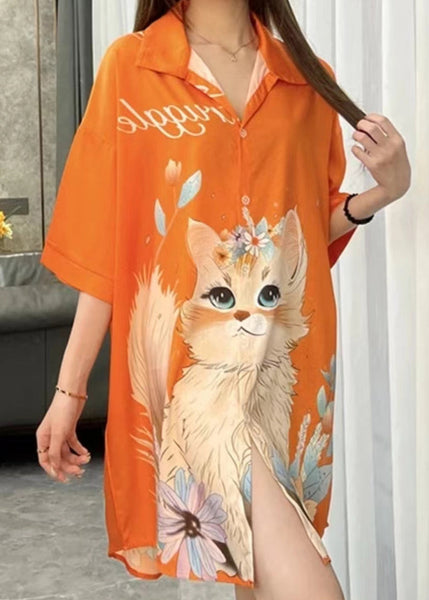 Art Orange Peter Pan Collar Print Ice Silk Pajamas Blouses Dress Spring YK013 ABC