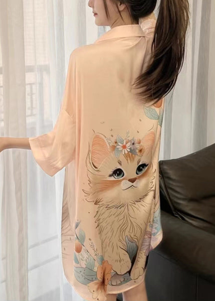 Art Orange Peter Pan Collar Print Ice Silk Pajamas Blouses Dress Spring YK013 ABC