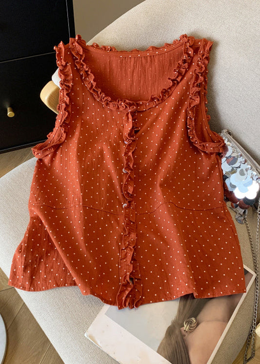 Shirts Dot Cotton Ruffled Art Sleeveless Button Orange FashionChic