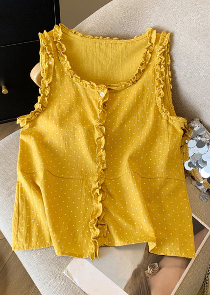 Shirts Dot Cotton Ruffled Art Sleeveless Button Orange FashionChic