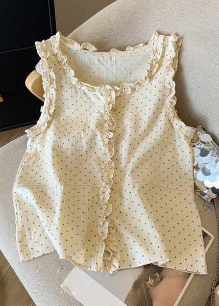 Shirts Dot Cotton Ruffled Art Sleeveless Button Orange FashionChic